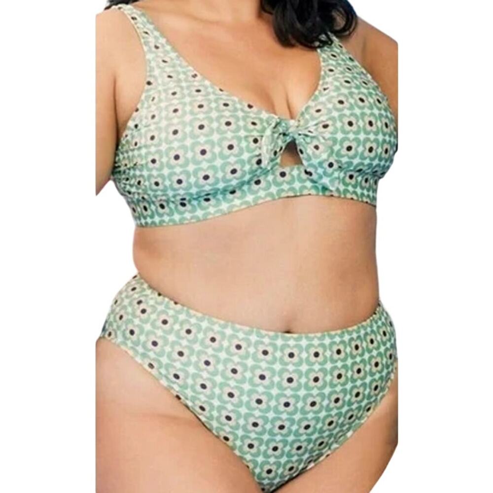 ModCloth Floral Two Piece Bikini Swimsuit Front Tie Retro Beach Green XS/S NWOT